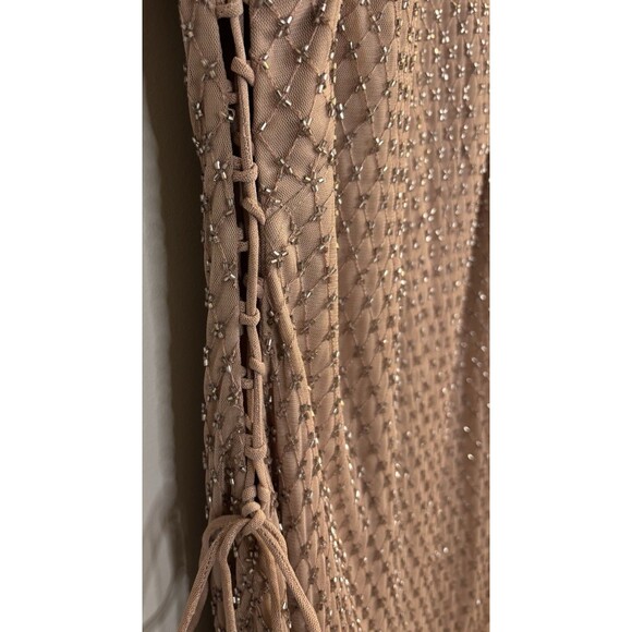 ADRIANNA PAPELL Rose Gold Beaded Formal Dress 16 Adorned Sides Midi Mesh Gown - Picture 10 of 16